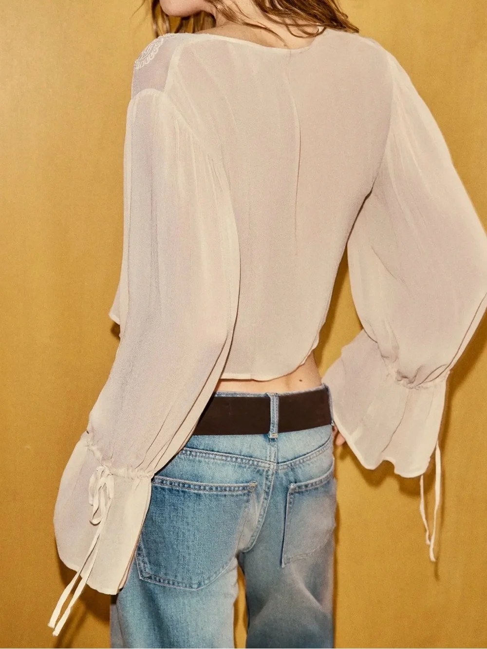 ZARA | NWT - Sheer Embroidered Tie-Front Blouse - Medium